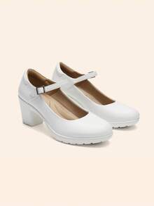 Women's Chunky Low Block Heels Pumps Mary Janes Closed Round Toe Comfortable Elegant Solid Color Dating Vacation Classic Dress Work Shoes - trắng - Xem 6