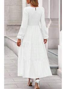 Vestidos Elegantes De Mujer Womens Long Sleeve Fall Dresses Casual Crew Neck Smocked High Waist Tiered Flowy Maxi Dress With Pockets - 白色 - 查看 5