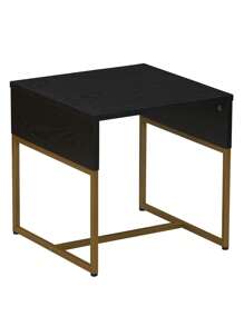 Square Side End Table - 17.75"L X 17.75"W X 17.75"H, Black Oak Wood Grain & Gold Metal, Particle Board & Steel, Adjustable Feet, Ideal For Living Room/Bedroom/Plant Stand, Modern/Glam, 1-Piece.