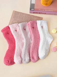 5/1 Pair Fluffy Socks Women's Bow Socks Furry Non-Slip Socks Bow Socks Furry Socks With Wooden Ears Bow Socks Christmas Gifts Halloween Gifts Mother's Day Gifts The Best Gift For Women Suitable For All Occasions - Multicolor - View 1