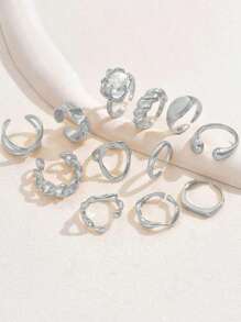 12pcs Women's Adjustable Asymmetrical Geometric Unique Design Luxury Ring Set [Some Rings Are Open But Not Adjustable] - Silver - View 2