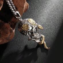 SeuSuk 1pc Gothic Snake Wrapped Skull Pendant Necklace, Suitable For Men, Hiphop, Rock, Daily Wear, Jewelry Gift - Gold - View 2