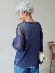 FRIFUL Women's Loose Fit Blue Round Neck See-Through Mesh Overlay Top, Spring/Summer Long Sleeve Top - Navy Blue - View 6