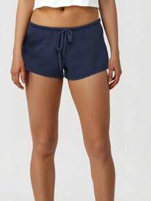 Women's Summer Drawstring Shorts Solid Color Low Waist Casual Breathable Short Pants - Navy Blue - View 9