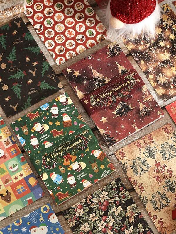 50 Sheets Vintage Christmas Elements Non-Stick Material Paper, Exquisite Christmas Pattern Creative Design Party Gift Box Packaging Decoration Essential Material Paper, Perfect For Gifting And Decorating Items