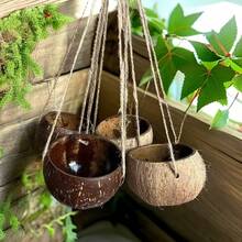 Maceta colgante de cáscara de coco, cáscara de coco natural, pulida a mano, cuerda para colgar, maceta, decoración retro de granja y restaurante, soporte para plantas, maceta para flores, canasta para flores - Café integral - Ver 3