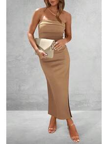Women's Summer Bodycon Maxi Tube Dress Ribbed Strapless Side Slit Long Going Out Casual Elegant Party DressesHalloween Christmas New Year - 駝色 - 查看 4