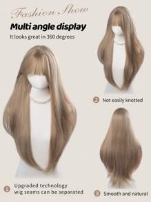 1 Synthetic Heat-Resistant Wig, Brown Long Straight Wig With Bangs, Made Of 30 Feet Long Fiber, Suitable For Daily Use, Natural Artificial Wig