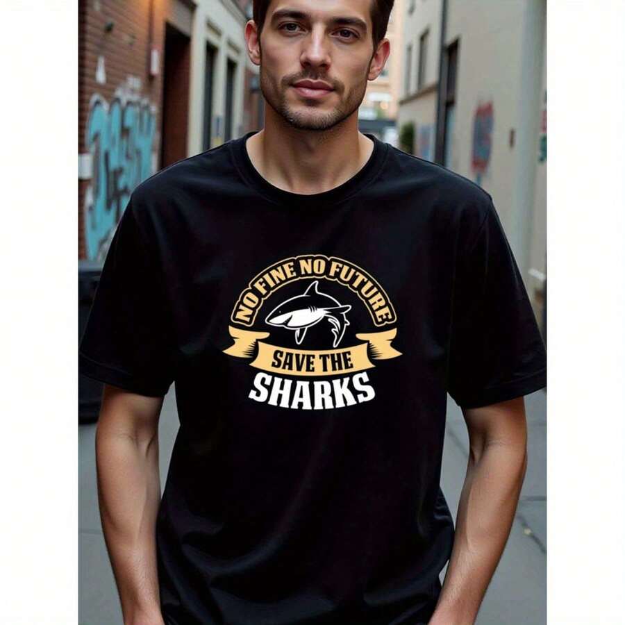 Hot Selling Quality Natee Local Warehouse Permission Save The Sharks: No Fine, No Future T-Shirt, Men's T-Shirt,100% Cotton Fabric,Crew Neck,Short Sleeve,Regular Fit,All-Season Casual Wear,180gsm-Ideal For Valentines New Year's Day Father's Day Christmas - 黑色 - 查看 1