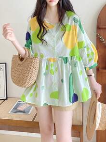YUXIN 夏季必备！女士清新水果印花灯笼袖宽松上衣。单排扣设计增添细节感。褶皱泡泡袖款式超级可爱。适合日常出行和度假野餐。透气面料让您整个夏天都保持凉爽！