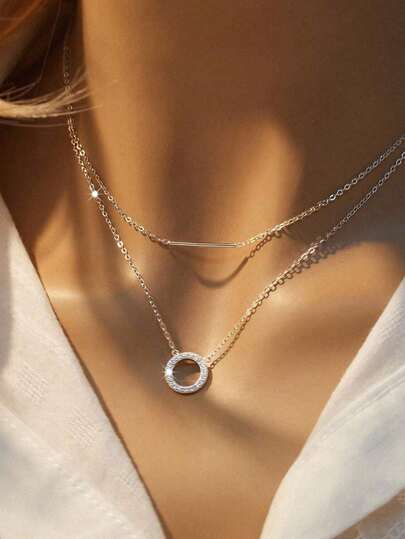 1pc Minimalist Double-Layer Round Cubic Zirconia Necklace, 925 Sterling Silver Pendant Clavicle Necklace, Elegant Jewelry Gift For Women, Suitable For Daily Wear And Dates
