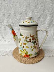 1pc/2pcs Colorful Enameled Coffee/Tea Pot, 1.2L Delicate Enamel Coffee Pot, Handle Pot Coffee Pot, Slim Spout Oil Pot Kettle, Family Boiling Pot, Tea Pot, Gift Pot For Home, Cafe, Party, Household Decor, Small Items Storage Bowl, Coffee Beans, Tea Leaves Storage, Tea Set Accessories, Thick Manual Tilting Water Pot, Floral Pattern Tea Pot, For Electric Or Gas Stove Coffee/Tea Brewing