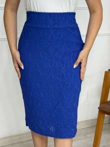 Women's Straight Midi Skirt In Laise Lined With Back Slit And Rear Zipper Simple Elegant Evangelical Fashion Wedding - Royal Blue - View 2