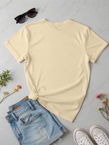 Playera camiseta básica mujer dama cuello redondo manga corta estampado GRAFICO DE MAR CONCHA FLOR GRAPHIC primavera/verano uso diario | Textura Suave Fortiz - Caqui - Ver 2