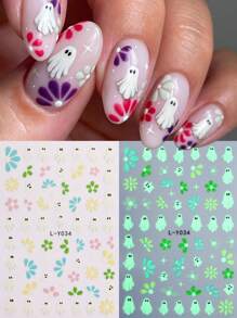 2pcs Halloween Luminous Nail Art Stickers Cartoon Ghost Star Flower Petal Halloween Nails Decals Holiday DIY Nail Supplies Charms Decorations Glow In The Dark