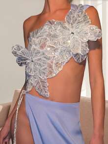 Women's 3D Flower Gorgeous Sequin Decor One Shoulder Sleeveless Bandeau Top Slim Fit Going Out Party Camisole - 藍色 - 查看 5