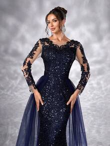 YISIKADO Women Sequin Glitter Evening Dress Floral Appliques Mesh Long Sleeve Round Neck Formal Prom Party Dress Ball Gown Wedding Guest Dress, For Graduation, Banquet Dinner Ceremony Celebration Ceremonial Dress - Navy Blue - View 7