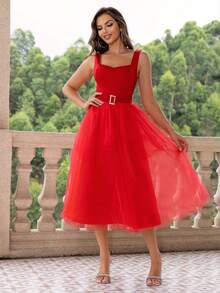 Joyfunear Elegant Waist-Cinched Sleeveless Dress, Suitable For Party And Gathering - Red - View 2