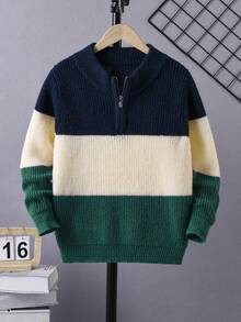 Boys & Teens' Collegiate Style Color Block Striped Half Zip Knit Sweater, Stand Collar Long Sleeve, Suitable For School, Casual Wear, Spring, Autumn, Winter