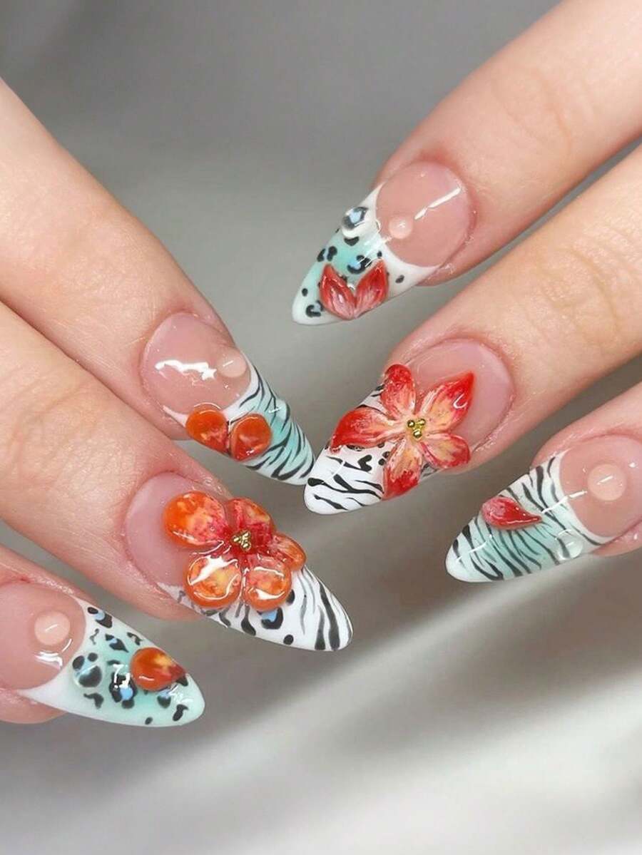 24 buc unghii adezive pentru unghii, model toamnă și iarnă, verde gradient, imprimeu leopard, flori 3D, mărgele aurii, migdale, accesorii pentru unghii și 1 bandă de pilă de unghii + 1 bucată de lipici jeleu