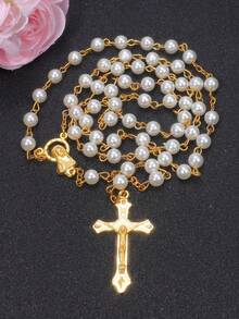 1pc Elegant Acrylic Pearl Cross Necklace, Rosary Prayer Beads Necklace For Peace And Health - Multicolor - View 5