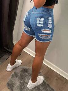 Plus Size Light Blue Denim Shorts, Summer Vacation Casual Party Denim Shorts, Music Festival Fashionable Sexy Ripped Elastic Skinny Shorts With Pockets, Beach Hotpants, Nightclub - 淺色水洗藍 - 查看 4