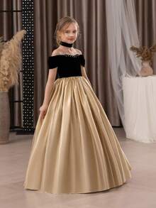 Abito elegante da ragazza pre-adolescente con patchwork dorato, spalle scoperte, fatto a mano con perline, adatto per feste di compleanno, balli, lauree, damigella d'onore, matrimoni - Nero e oro - Visualizzare 7