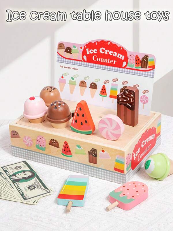 Children's Simulation Play House Ice Cream Ice Cream Store, Canteen Cashier Counter Role Play Wooden Toys, Early Education Interactive Play House Toys