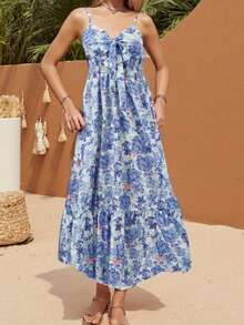 Women's Summer Long-Sleeved V Neck Dress Skin Friendly Soft And Comfortable Thin Shoulder Straps Flower Print Swing Set Regular Style Daily Date Party Vacation Versatile Long Skirt Fashionable And Comfortable