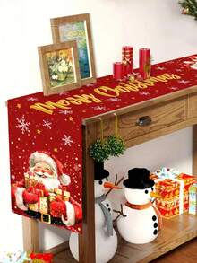 1pc 35x180cm Christmas Polyester Tablecloth, Santa Claus Polyester Tablecloth, Red Background Decorative Long Tablecloth, Christmas Merry Christmas Holiday Party Dining Table Coffee Table Long Cloth, Suitable For Home Holiday Atmosphere Decoration - Multicolor - View 6