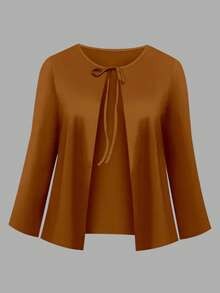 Bộ đồ 2 món dành cho nữ cỡ lớn: Áo khoác cardigan dài tay thắt nơ phía trước kết hợp với váy không tay cổ tròn in họa tiết, kiểu dáng thanh lịch mùa thu/đông, thích hợp cho mùa xuân. - Màu Khaki - Xem 5