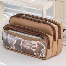 [ Cosmetic Bag] Large Light Blue Multi-Compartment Pencil Case | Twill Fabric With Clear Window, Portable Cosmetic Bag For Stationery, Makeup, And Accessories, Makeup Organizer,Back To School - Multicolor - View 5