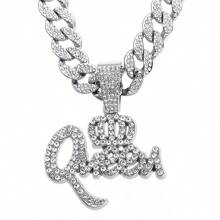 Hip Hop Zinc Alloy Crown QUEEN Letter Full Diamond Pendant Elegant Personality Necklace Jewelry