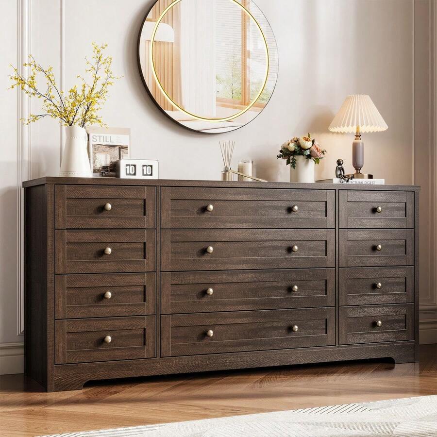 LIZHOUMIL 12 Drawers Wood Dressers For Bedroom,16" Wide TV Stand Dresser For 65 Inch TV,Long Wooden Dresser For Living Room, Hallway - màu nâu - Xem 1