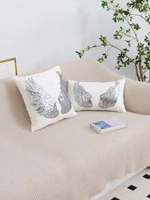 1pc/2pcs White Velvet Silver Wings Pattern Pillow Cover, Bohemian Sequin Embroidery Feather Decor Lumbar Cushion Cover For Bedroom, Living Room, Sofa, Car, Holiday Party, Garden, 30*50cm, 45*45cm, Pillow Insert Not Included