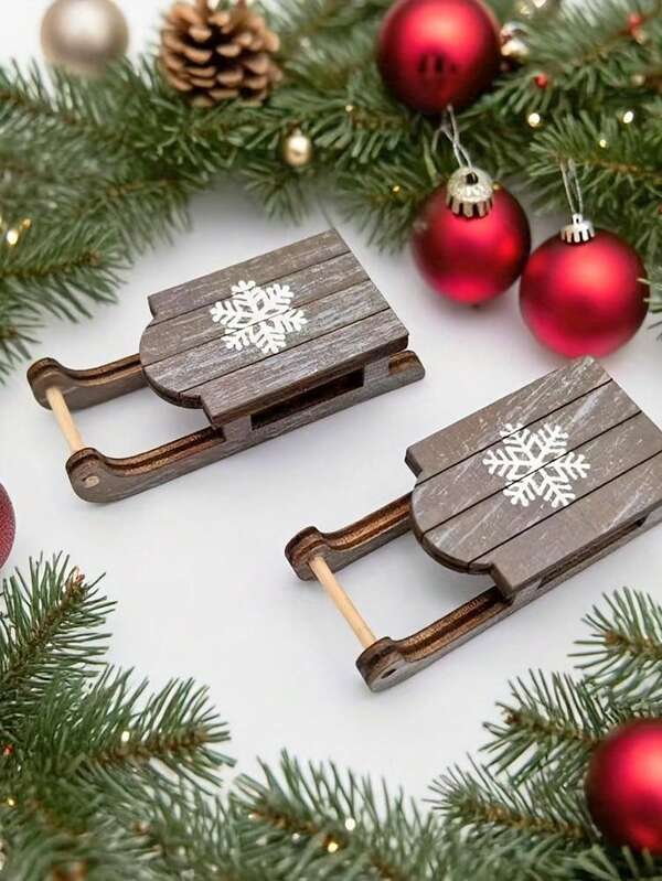 1/2 piezas Figura de trineo de decoración, Trineo de madera marrón de Navidad, con patrón de copos de nieve impreso en la superficie, adecuado para decoración de fiesta de Navidad, escenario de casa de juguete y decoración, decoración navideña, colección para sala de estar y dormitorio