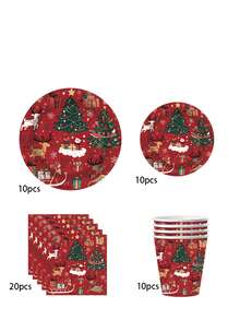 10pcs Perlengkapan Pesta Natal Warna Merah Anggur, Dekorasi Set Peralatan Makan Tema Natal Merah, Piring, Serbet, Gelas, Perlengkapan Meja dengan Pola Pohon Natal, Santa, dan Rusa Kutub untuk Suvenir Pesta Natal Musim Dingin - MultiWarna - View 11