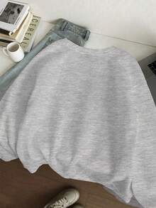 棉質女士上衣，落肩舒適衛衣，圓領超大運動衫，休閒，外出上衣，春秋兩季，垂感，柔軟透氣長袖上衣，百搭學院風，街頭服飾運動上衣女裝，早午餐女性服裝，女士節日服裝，意大利 阿馬爾菲海 字母標語圖案印花，花灰色上衣 - 花灰 - 查看 2