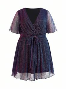 Enliva 大码女式 V 领喇叭袖荷叶边下摆渐变色派对/晚礼服，适合派对、情人节