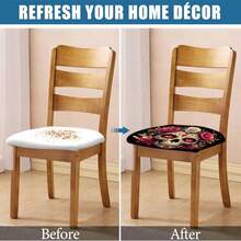 1/4/6/40 Stücke Halloween-Thema mit Totenkopf umgeben von Blumen bedruckte abnehmbare Stretch-Milchfaser-Stuhlbezüge, Restaurantstuhlbezüge - quadratische Sitzkissen für Restaurant, Küche, Esszimmer, Hotel, abnehmbare weiche Kissen-Stuhlbezüge