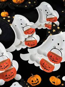 8pcs Halloween Ghost Paper Plates With Pumpkin Baskets - For Halloween Party Snacks & Decor