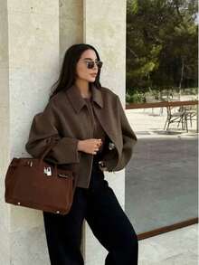 Camellia New Autumn/Winter Women's American Minimalist Street Fashion Zip Decor Lapel Jacket Spring - Coffee Brown - View 4