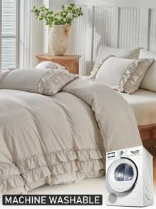 Juego de funda de edredón beige de 2/3 piezas, juego de ropa de cama estilo shabby chic de microfibra lavada suave y transpirable con volantes, funda de edredón linda para mujeres y niñas (1 edredón + 1/2 fundas de almohada)