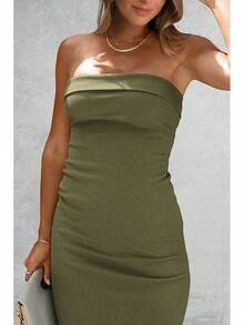 Women's Summer Bodycon Maxi Tube Dress Ribbed Strapless Side Slit Long Going Out Casual Elegant Party DressesHalloween Christmas New Year - 淺軍綠色 - 查看 5