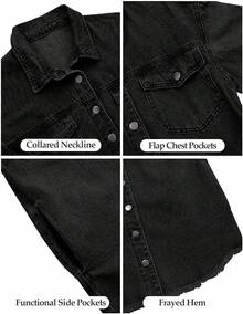 Vetinee Women's Oversized Button Up Frayed Hem Shacket Long Sleeve Pockets Denim Jean Jacket - 純黑色 - 查看 6