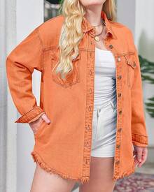 Vetinee Women's Oversized Button Up Frayed Hem Shacket Long Sleeve Pockets Denim Jean Jacket - 橘色 - 查看 8
