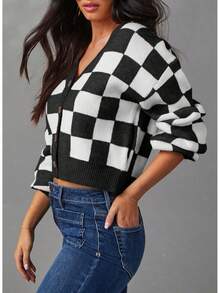 Women's Checkered Button Down Long Sleeve Knit Cropped Cardigan Sweater Tops, Style - 杏 - 查看 7
