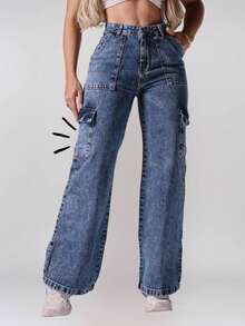 Milimetrica Premium Comfortable Wide Leg Cargo Jeans - Carga veteada - Ver 3