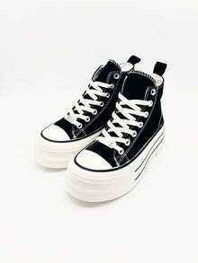 Women's Platform Canvas Sneaker, Casual Sports Shoes For Women With Thick Soles That Increase Height, Comfortable And Versatile Lace-Up Student Sneakers, Casual Everyday Canvas Shoes - 黑色 - 查看 2