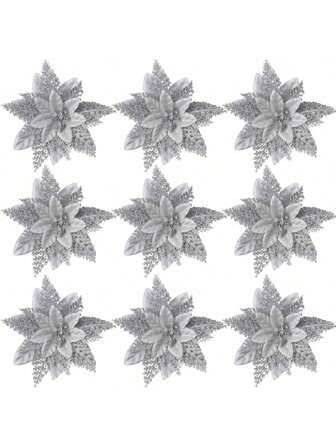 2 piezas/10 piezas/20 piezas Flores artificiales brillantes de Navidad (con clips), decoraciones de árbol de Navidad multicolor para Navidad, Año Nuevo, boda, fiesta, flores y coronas DIY, flores falsas de Navidad plateadas